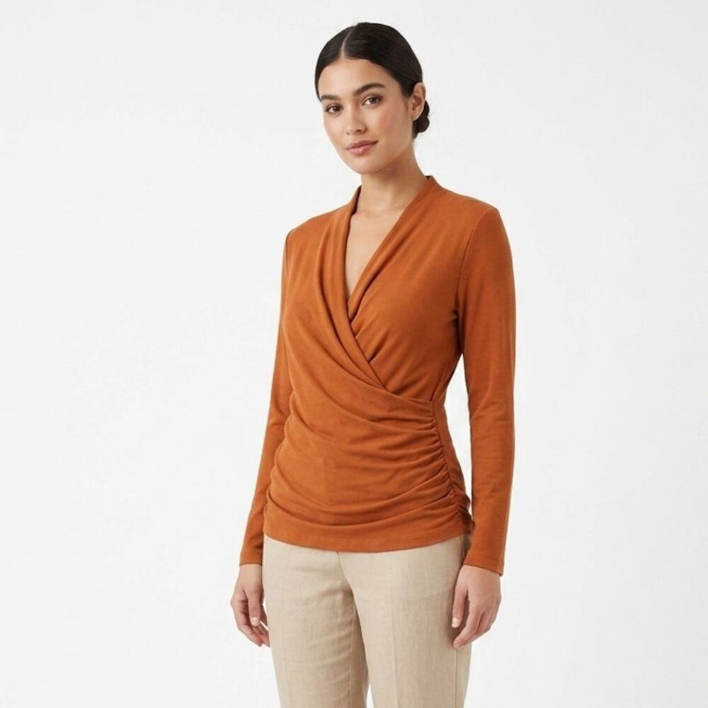 Peruvian Connection Cyprus Faux Wrap Top Womens Small Burnt Orange Side Ruched